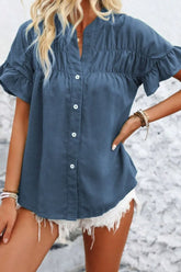 Ruffled Ruched Short Sleeve Button Down Shirt Dusty Blue OutfitFlow